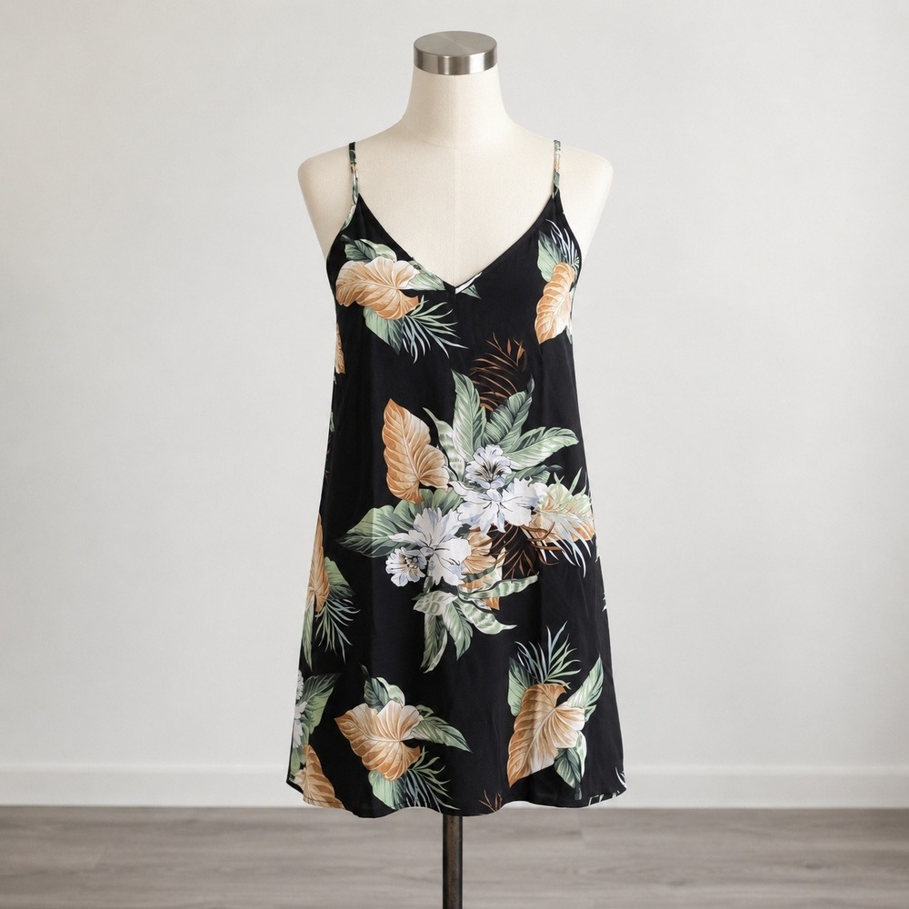Cupshe Black Tropical Floral Mini Dress Adjustable Straps Summer Beach Large NWT